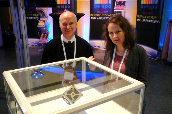 Professor Jacques Verly ON9CWD (Montefiore Institute) and Amandine Denis ON4EYA, Head of Project OUFTI (LTAS) with the flight model (structure) of OUFTI-1 - Image credit ESA