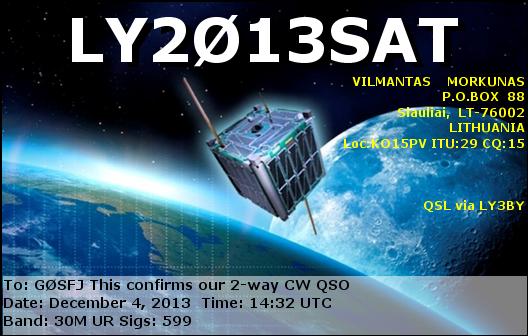 LY2013SAT QSL card received by Andy Thomas G0SFJ